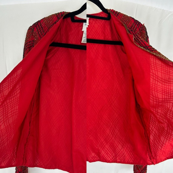 Vintage Papell Boutique Red and Gold Sequins Plaid Cropped Silk Evening Jacket - Picture 7 of 8